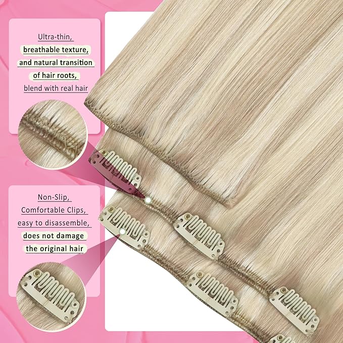 YoungSee Clip in Human Hair Extension Highlight Blonde Clip in Hair Extension Ash Blonde Highlights Bleach Blond Real Human Hair Extensions Clip ins Soft Remy Hair 120G 16In 7Pcs