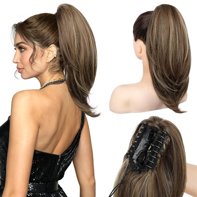 Ponytail Extension – 16” Claw Clip in Ponytail Hair Extensions Natural Soft Synthetic High Pony Tail Hairpieces for Women (Chestnut Brown with Highlights, 16 inch)