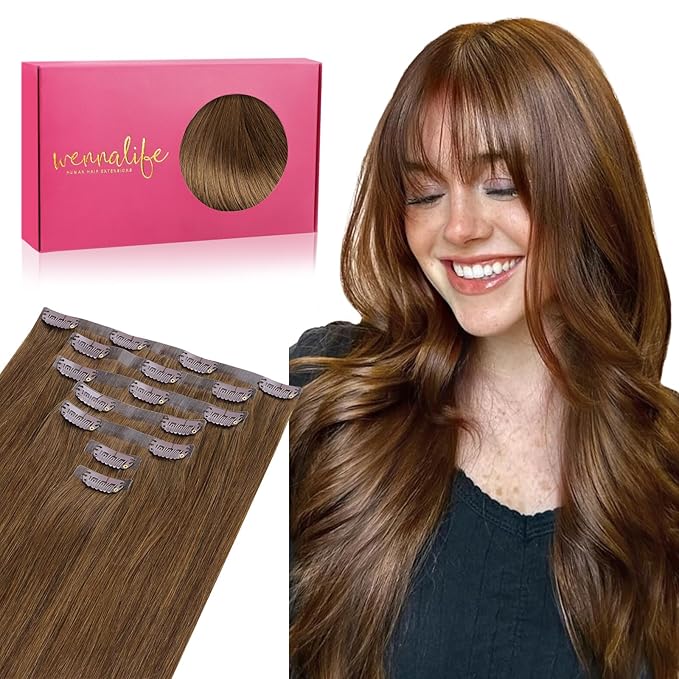 WENNALIFE Seamless Clip In Hair Extensions Human Hair, 18 Inch 130g 7pcs Light Auburn Brown Real Hair Extensions Clip in Human Hair Invisible PU Skin Weft Natural Remy Human Hair Extensions