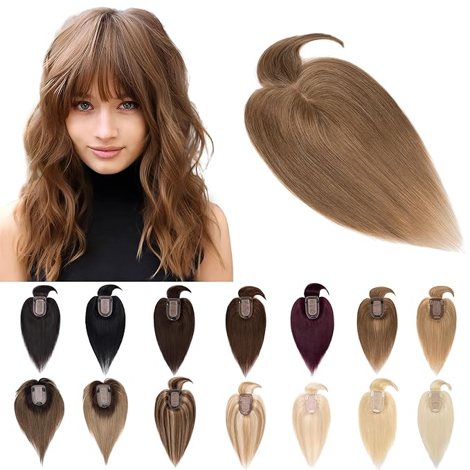 SEGO Hair Toppers for Women Real Human Hair With Bangs, 7 * 13CM Silk Base 100% Remy Human Hair Clip in Top Wiglet Hairpieces Add Volume /6 Inch Light Brown