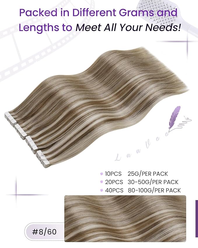 LaaVoo Tape in Hair Extensions Real Human Hair Tape Hair Extensions Light Brown Highlights with Platinum Blonde 24 Inch 40pcs 100g