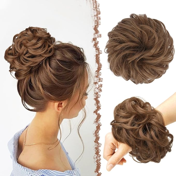 FESHFEN Messy Bun Hair Piece - Large Elastic Wavy Curly Hair Bun Scrunchies Ponytail Extensions Synthetic Chignon Hairpieces for Women, Medium Auburn 1.94oz