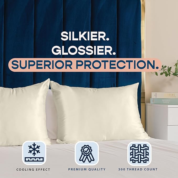 BLISSFORD Satin Pillowcase with Zipper, for Hair and Skin Care, Feels Soft and Cool Like a Silk Pillowcase, Satin Pillow Cases 2 Pack, Slik Pillow Cover, Ivory - King Size, Set of 2