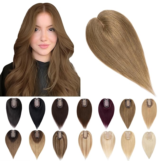 SEGO Human Hair Toppers for Women With Thinning Hair, 7 * 13CM Silk Base 100% Real Human Hair Clip in Top Wiglet Hairpieces -18 Inch No Bangs Light Brown