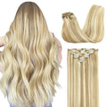 GOO GOO Clip in Hair Extensions Real Human Hair, Remy Human Hair Extensions Clip ins for Women, Natural Human Hair, 16inch 120g 7Pcs, 18A/613A Dark Blonde Highlighted Bleach Blonde