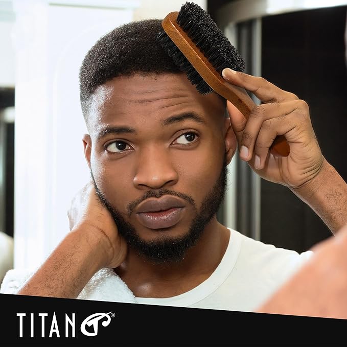 TITAN Double Sided Boar Bristle Brush, 100% Natural Firm and Soft Bristles with Wooden Handle, 2-in-1 Hair Brush for Waves, Fades, and Slick Back Styling, Durable Wood Design for Men and Women