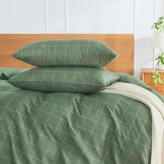 JELLYMONI 100% Natural Cotton Plaid King Pillowcases Set, 2 Pack White with Green Grid Geometric Pattern Printed Pillow Covers with Envelope Closure(Pillows are not Included)