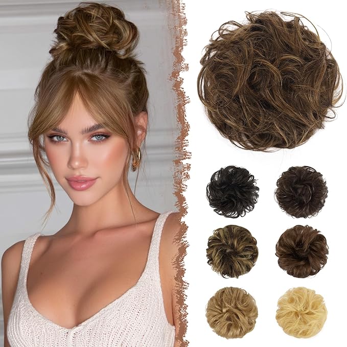 FESHFEN Human Messy Buns - 100% Human Hair Bun Real Scrunchies Hair Pieces Ponytail Extensions Wavy Tousled Updo Chignon Hairpieces for Women，Dark Brown Mixed Blonde