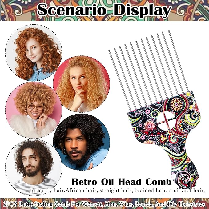 2 Pack Professional Stainless Steel Afro Pick Combs, Wide Tooth Metal Hair Picks for Curly Afro Braid Detangling Styling Women Men