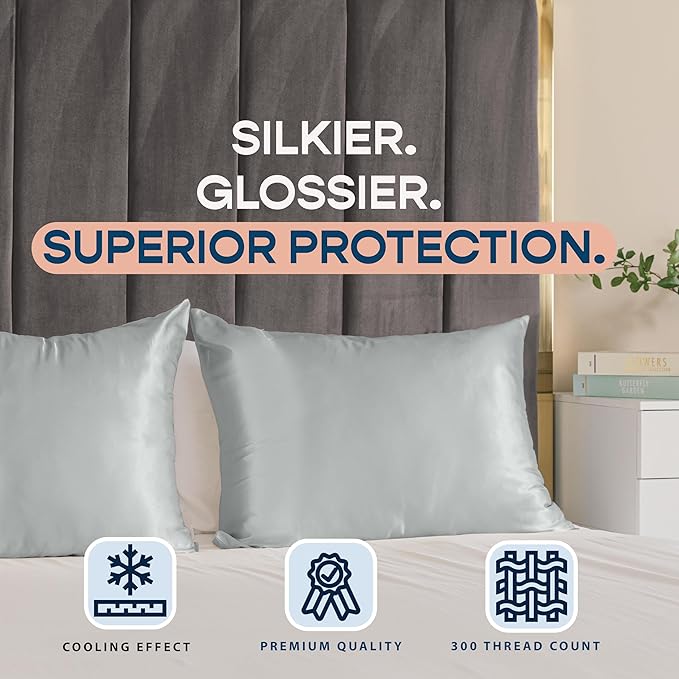 BLISSFORD Satin Pillowcase with Zipper, for Hair and Skin Care, Feels Soft and Cool Like a Silk Pillowcase, Satin Pillow Cases 2 Pack, Slik Pillow Cover, Silver Grey - King Size, Set of 2