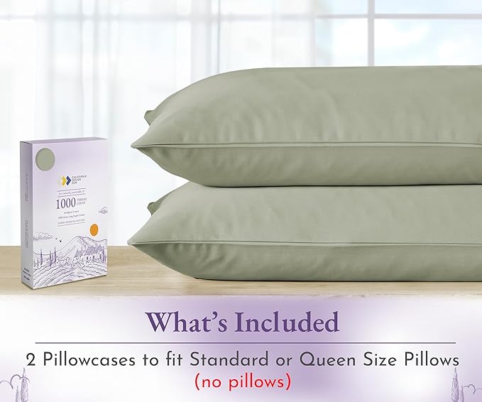 California Design Den Standard/Queen Size Pillow Cases Set of 2-1000 Thread Count Sateen, Soft & Thick 100% Cotton Pillow Cases Standard Size, Durable - Sage Green