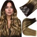 Full Shine Seamless Hair Extensions Clip in 18 Inch Balayage Dark Brown to Light Brown with Honey Blonde Human Hair Clip in Extensions Add Volume 8 PCS 120 G