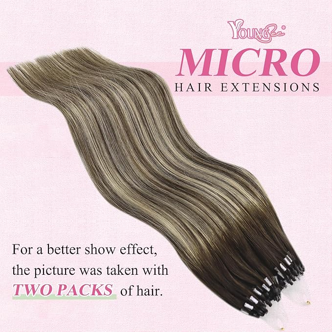 YoungSee Micro Beads Hair Extensions Human Hair Balayage Micro Hair Extensions Human Hair Ombre Dark Brown to Blonde Micro-Loop Hair Extension 14 Inch 50g 50s Bead Hair Extension for Short Hair