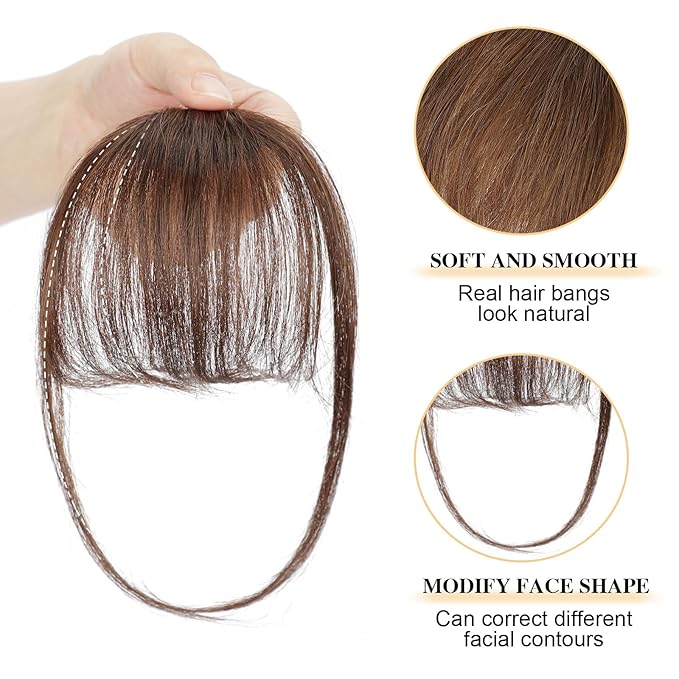 BOGSEA Bnags Hair Clip- Medium Brown Fake Bangs 100% Real Human Hair Extensions Wispy Bangs for Women Fringe with Temples Hairpieces Curved Bangs for Daily Wear（Medium Brown Wispy Bangs）