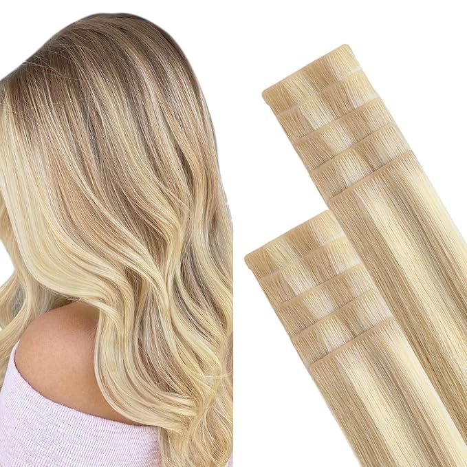GOO GOO Invisi Edge Tape in Hair Extensions Human Hair, 18A/613A Dark Blonde Highlighted Bleach Blonde, 10pcs 14inch 25g, Virgin Remy Hair, Seamless Injected Tape, Natural Look