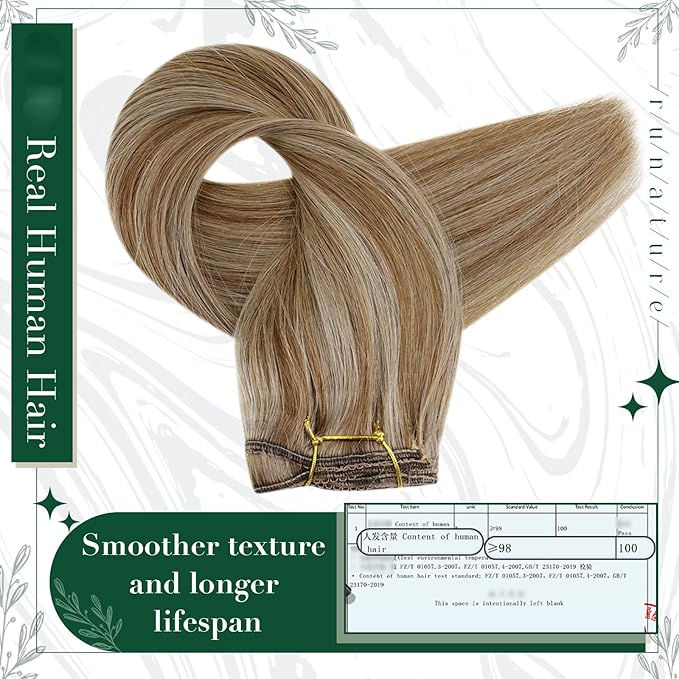 RUNATURE Human Hair Clip in Extensions, Real Hair Extensions Clip Ins, Straight Clip in Hair Extensions, Add Hair Volume, Full Ends, 12 Inch 50g 3pcs #10P16 Caramel Blonde Highlights