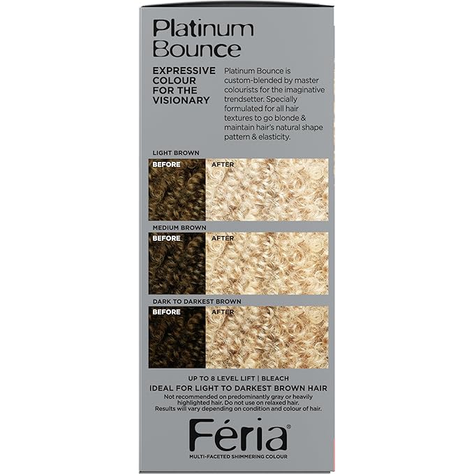 L'Oreal Paris Feria Platinum Bounce Bond Care Lightening System, Lifts Up To 8 Levels, Includes Anti Brass Purple Conditioner, Platinum Bounce, 1 Hair Dye Kit