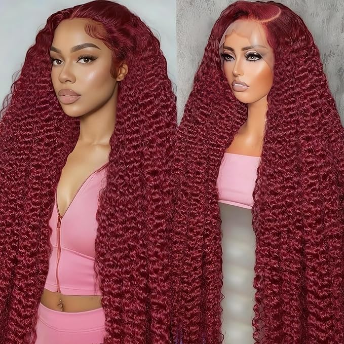 34 Inch 99J Burgundy Lace Front Wigs Human Hair Deep Wave 13x6 HD Lace Front Wigs Pre Plucked with Baby Hair Wet and Wavy Human Hair Wig 200% Density Deep Curly Frontal Wigs for Black Women