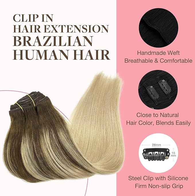 GOO GOO Clip in Hair Extensions Real Human Hair, Remy Human Hair Extensions Clip ins for Women, Natural Human Hair, 24inch 120g 7Pcs, 4/18 Balayage Chocolate Brown Highlighted Dirty Blonde