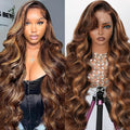 13x4 Full Lace Frontal Wig Highlight Ombre Honey Blonde Wig Human Hair Skinlike Swiss HD Lace Wig Pre plucked Bleached Knots with Natural Hairline 200% Density Glueless Body Wave Lace Front Wigs