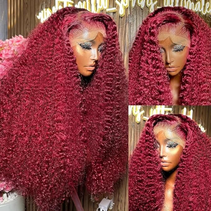 Burgundy Wig Human Hair Deep Wave, Hidden Strap 360 Lace Front Wigs Human Hair Draw String Invisible Strap Pre Plucked Pre Cut Glueless, 99J Burgundy Curly Wig Human Hair for Women (28inch)