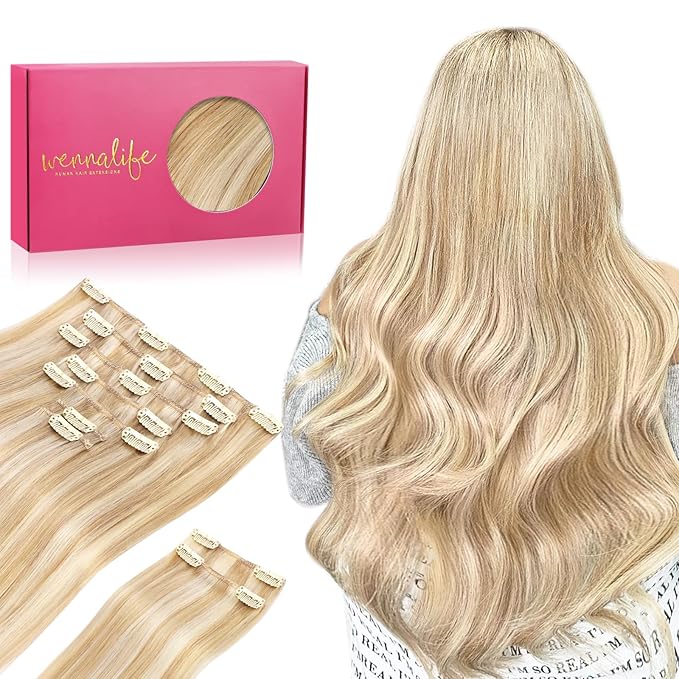 WENNALIFE Hair Extensions Clip In, 9pcs 18inch 150g Dirty Blonde Highlighted Bleach Blonde Thicker Clip In Hair Extensions Real Human Hair Remy hair extension Double Weft Clip in Human Hair Extensions
