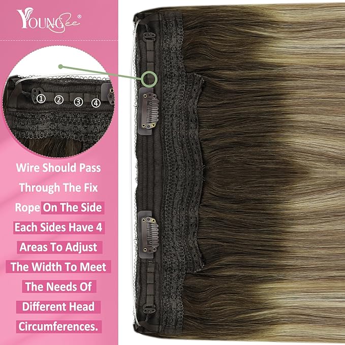 YoungSee 130G Invisible Wire Hair Extensions for Women Brown Blonde Human Hair Wire Extensions Balayage One Piece Hair Extensions Real Human Hair Walnut Brown with Blonde Soft Hair 20 Inch