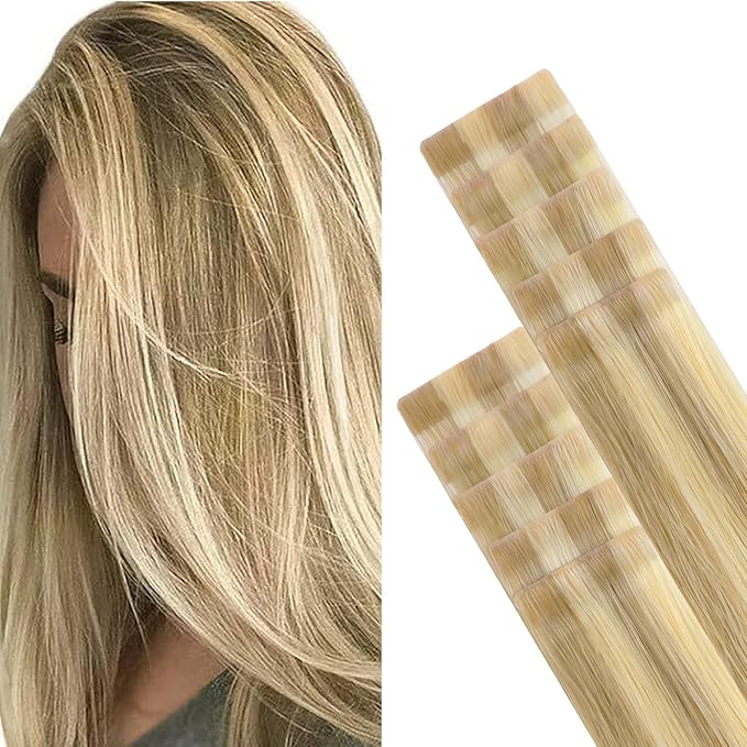 GOO GOO Invisi Edge Tape in Hair Extensions Human Hair, 16/22 Light Blonde Highlighted Golden Blonde, 10pcs 20inch 30g, Virgin Remy Hair, Seamless Injected Tape, Natural Look