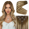 Ve Sunny Clip in Hair Extensions Balayage Human Hair Clip in Extensions Ombre Chestnut Brown to Platinum Blonde Clip in Hair Extensions Real Human Hair for Holiday Party 120g 7pcs 16inch