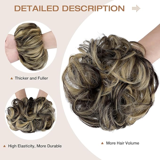 Messy Bun Hair Piece Wavy Curly Scrunchies Fluffy Donut Thick Updo Elegant Chignon Hairpieces for Women Girls, Dark Brown Mix Ash Blonde 1.4oz