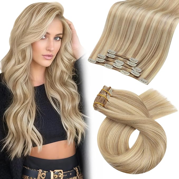 Moresoo Clip in Hair Extensions Real Human Hair Double Weft Human Hair Clip in Extensions Straight Dark Ash Blonde Highlight with Golden Blonde 5pcs 80g 16inch
