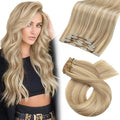 Moresoo Real Human Hair Extensions Clip ins Highlighted Blonde Clip in Human Hair Extensions Golden Blonde with Medium Blond Remy Straight for Wedding Long 80g/5pcs 20 inch