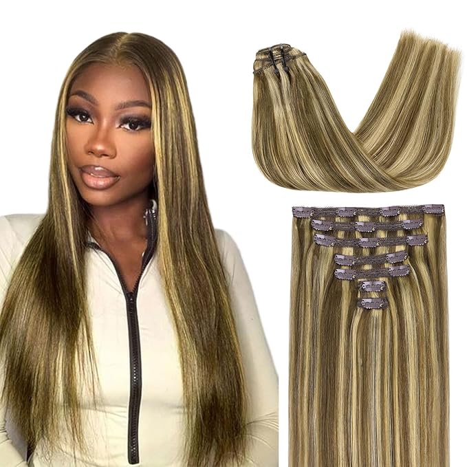 Lashey Human Hair Extensions Real Clip ins 22 Inch 120g 7pcs Long Straight Hair Balayage Ash Brown to Honey Blonde Clip in Hair Extensions Soft Hair Extensions
