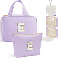 YOOLIFE Teen Girl Gifts Trendy Stuff - Birthday Gifts for 7 8 9 10 11 12 13 14 15 16 17 18 Year Old Teen Girls, Hanging Toiletry Bag Initial Makeup Bag - Letter E, Purple