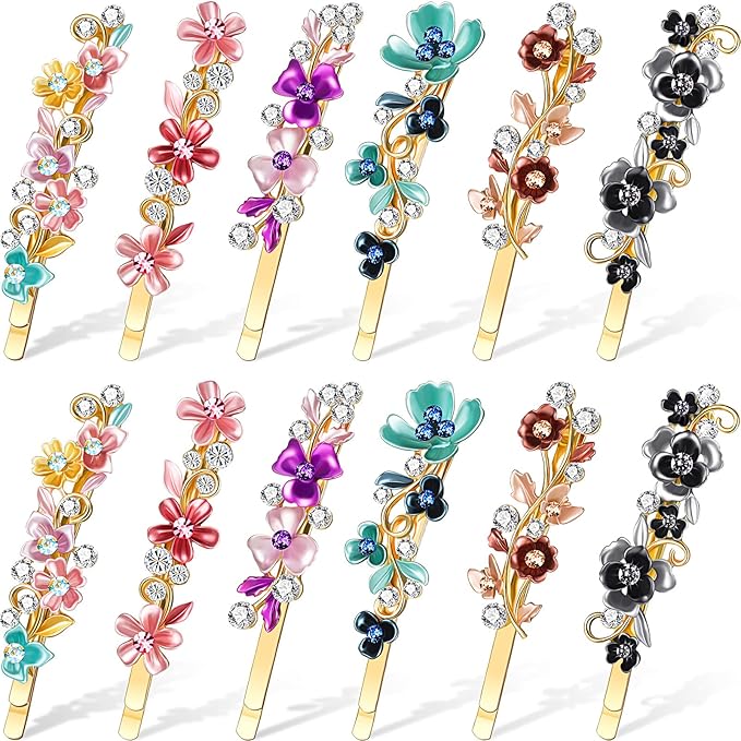 WILLBOND 12 Pieces Vintage Flower Hair Pins Women Barrette Bobby Pins Decorative Metal Gold Tone Hairpins Colorful Floral Design Hair Clips French Rhinestone Decorative Accessories for Women Girls