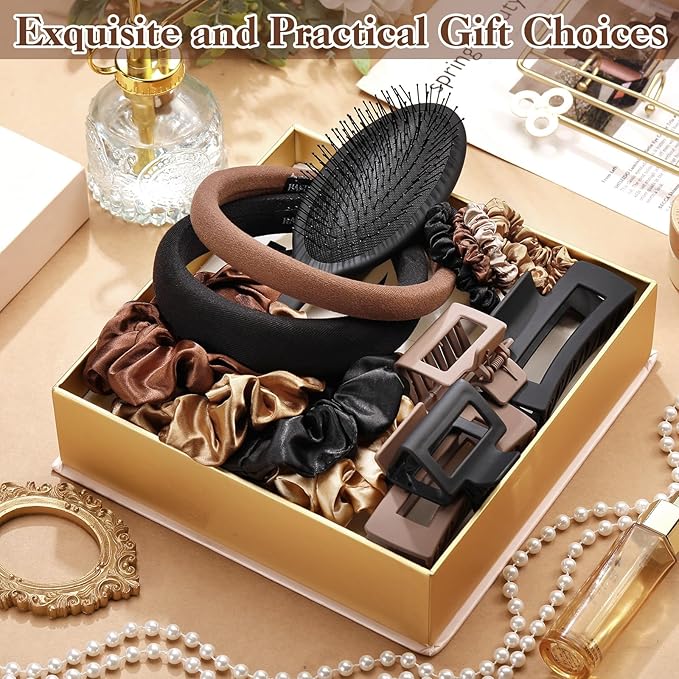Hair Accessories Kit for Women, 27 PCS Set Included Hair Scrunchies, Claw Clips, Bow Clips, Hair Brush and Headband Hair Gift for Women (Neutral Color)
