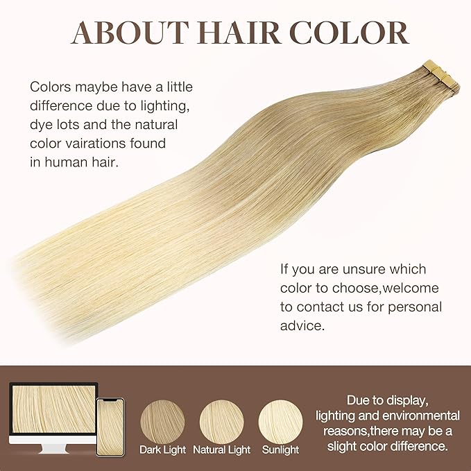 GOO GOO Tape in Hair Extensions Human Hair, O7/60F Ombre Ash Blonde with Frosted Highlights, 16inch 50g 20pcs, Skin Weft Seamless Invisible, Silky Straight with Thick Ends, Remy Human Hair