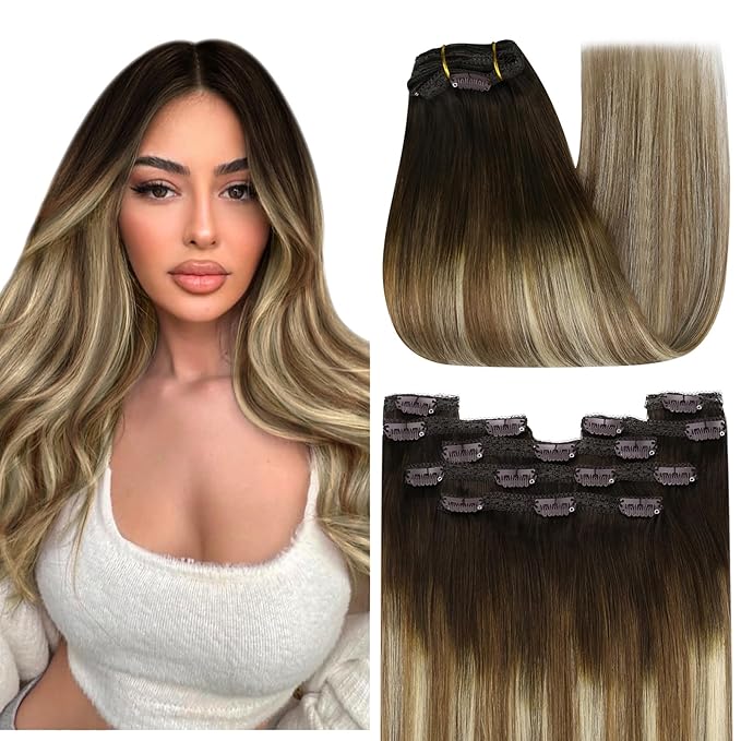 YoungSee Balayage Clip in Hair Extensions Real Human Hair Chocolate Brown Roots to Medium Brown with Blonde Ombre Clip in Extensions Human Hair Clip ins for Women 14inch 120g