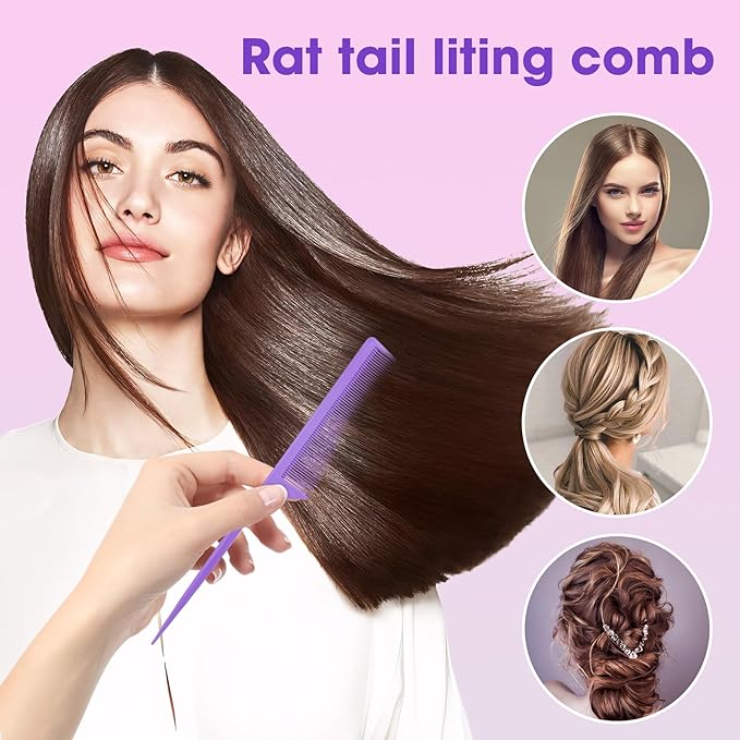 Rat Tail Comb2-in-1 Fine Tooth Parting Comb & Root Teasing Comb for Women - Carbon Fiber, Anti-Static, Purple & Black
