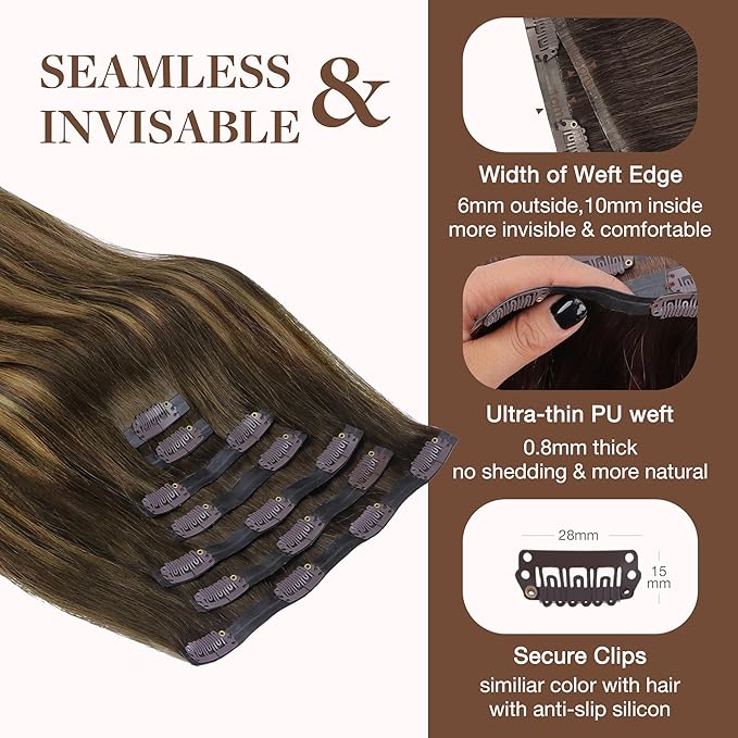 GOO GOO Clip in Hair Extensions Real Human Hair, Remy Human Hair Extensions Clip ins for Women, Natural Human Hair, 12inch 85g 7Pcs, #4/27/4 Balayage Chocolate Brown to Caramel Blonde