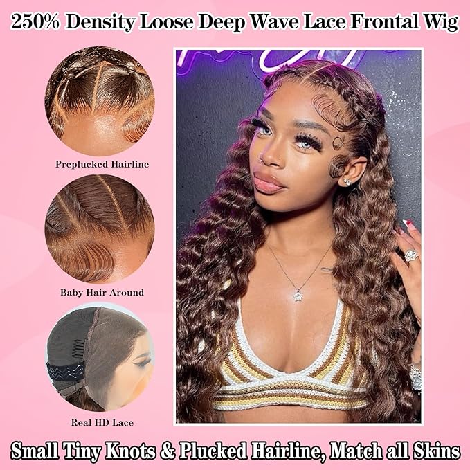MEIMEI 250% Density HD Full Lace Front Wigs Human Hair Loose Deep Wave Chocolate Brown 15A Grade Real Full Large Lace Space Brown 13x4 Loose Wave Lace Frontal Wigs Human Hair Pre Plucked 24 Inch