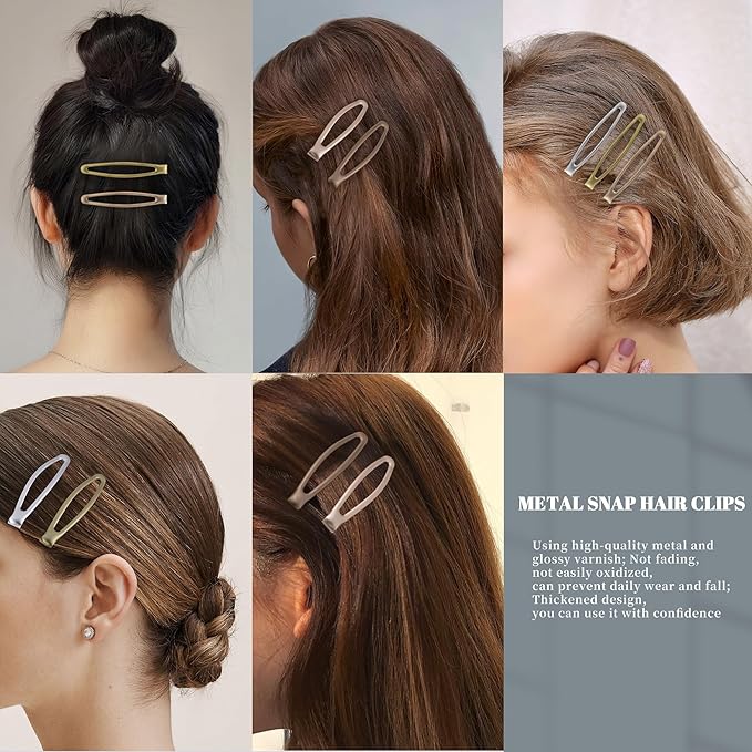 16 PCS Snap Hair Clips Metal Barrettes for Women Non Slip Barrettes for Thick and Thin Fine Hair,Silver Gold Brown Rose Gold,2.36 x 0.43 Inches.