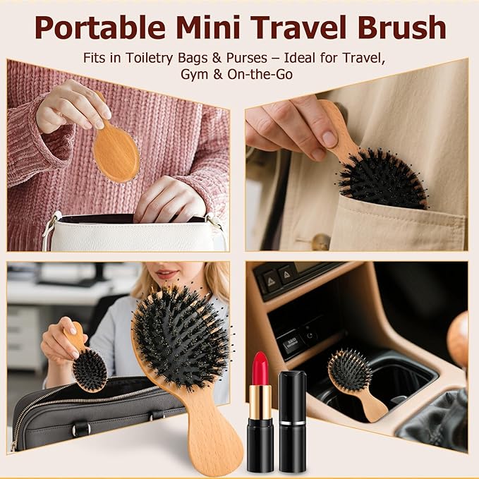 Travel Hair Brush, 5-Pack Mini Boar Bristle Hair Brush for Women - Small Portable Compact HairBrush for Girls Kids Women Best Gift, Travel Size for Purse, Vacation, Business Trips & Outings