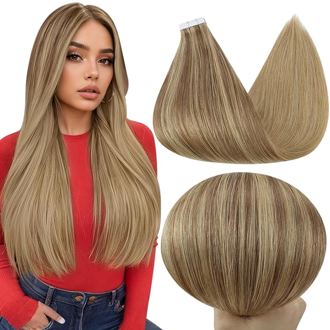 Full Shine Invisible Tape in Human Hair Extensions 14 Inch Color 10 Fading to 16 Highlight 16 Double Sided Tape in Hair Extensions 50G Seamless Tape Hair Extensions 20 Pcs for Women