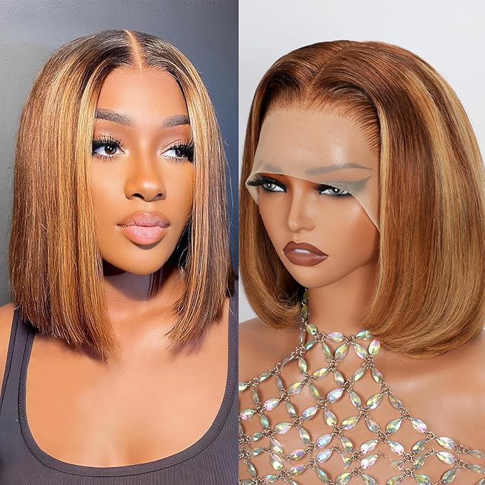 210% Density 13x6 Highlight Ombre Full Lace Frontal Bob Wig Human Hair 12A Brazilian Virgin Human Hair Pre Plucked 4/27 Honey Blonde HD Transparent Lace Glueless Wigs Human Hair 10 Inch