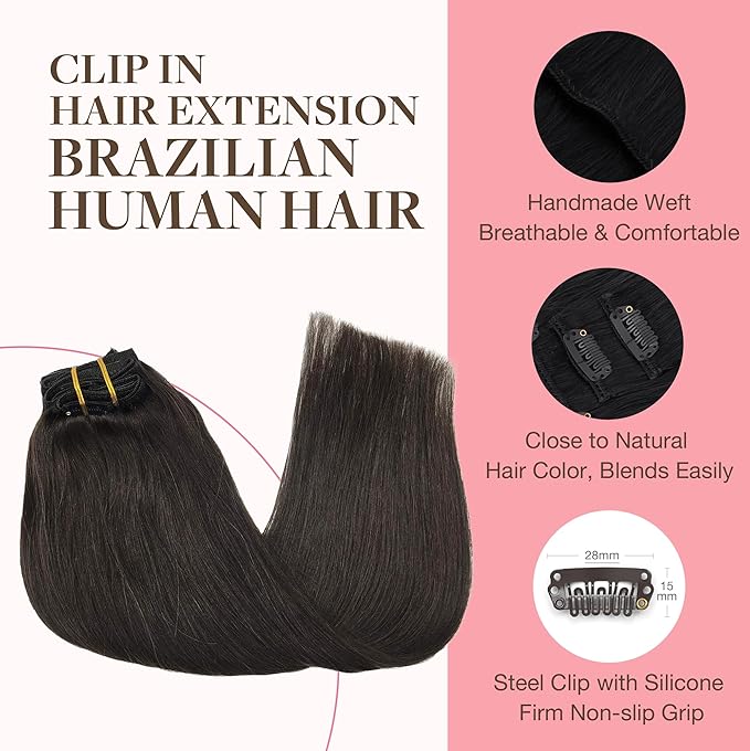 GOO GOO Clip in Hair Extensions Real Human Hair, Remy Human Hair Extensions Clip ins for Women, Natural Human Hair, 20inch 160g 7Pcs, #2 Dark Brown