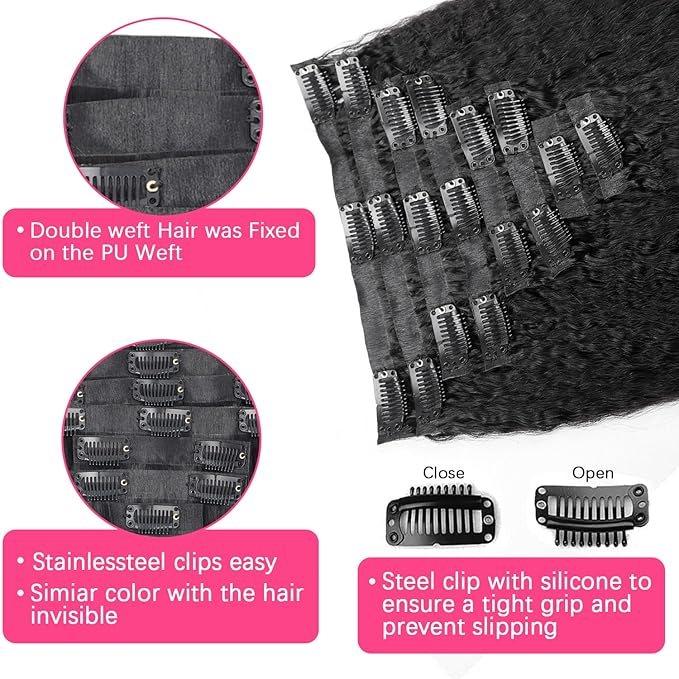 14 Inch Seamless Clip ins Real Human Hair PU Weft Kinky Straight Clip ins #1B Natural Black Color Clip in Hair Extensions 8pcs with 18Clips Per Set 120g