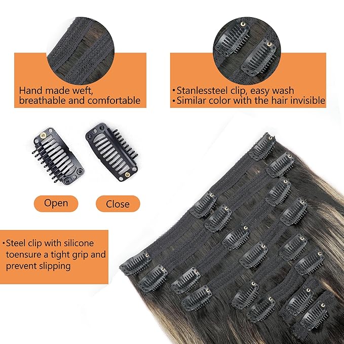 FB27 Balayage Clip In Hair Extensions Real Human Hair Straight Ombre Clip In Black to Blonde Human Hair Extensions Highlight Clip ins Remy Hair for Women 8Pcs with 18Clips Lace Weft 120g 24inch