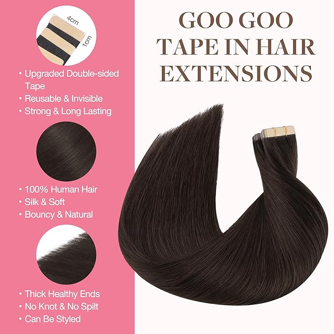 GOO GOO Tape in Hair Extensions Human Hair, 2A Light Brown, 22inch 30g 10pcs, Skin Weft Seamless Invisible, Silky Straight with Thick Ends, Remy Human Hair