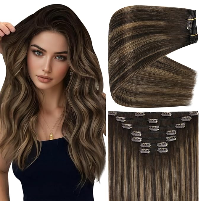 Full Shine Balayage Clip in Hair Extensions 220 G 22 Inch Dark Brown to Chestnut Brown Clipin Hair Extensions Real Human Hair for Fullness 7 Pcs